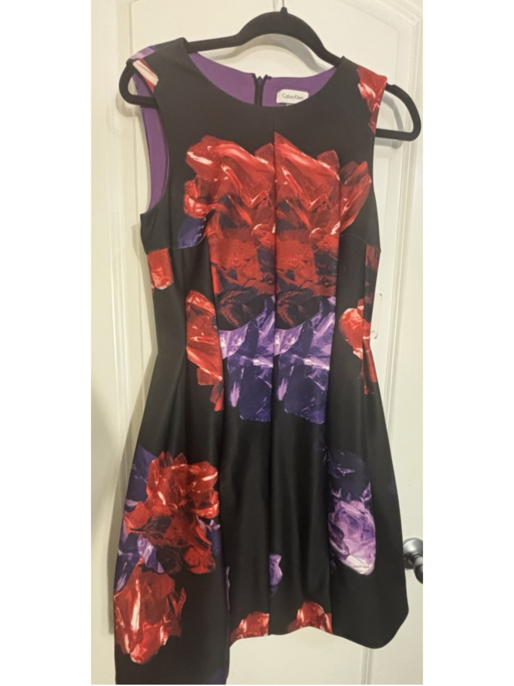 Calvin Klein Dress Womens 10‎ Black Red Purple Floral Fit Flare Sleeveless